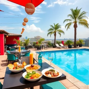 Rooftop dining area of La Ola restaurant with poolside view