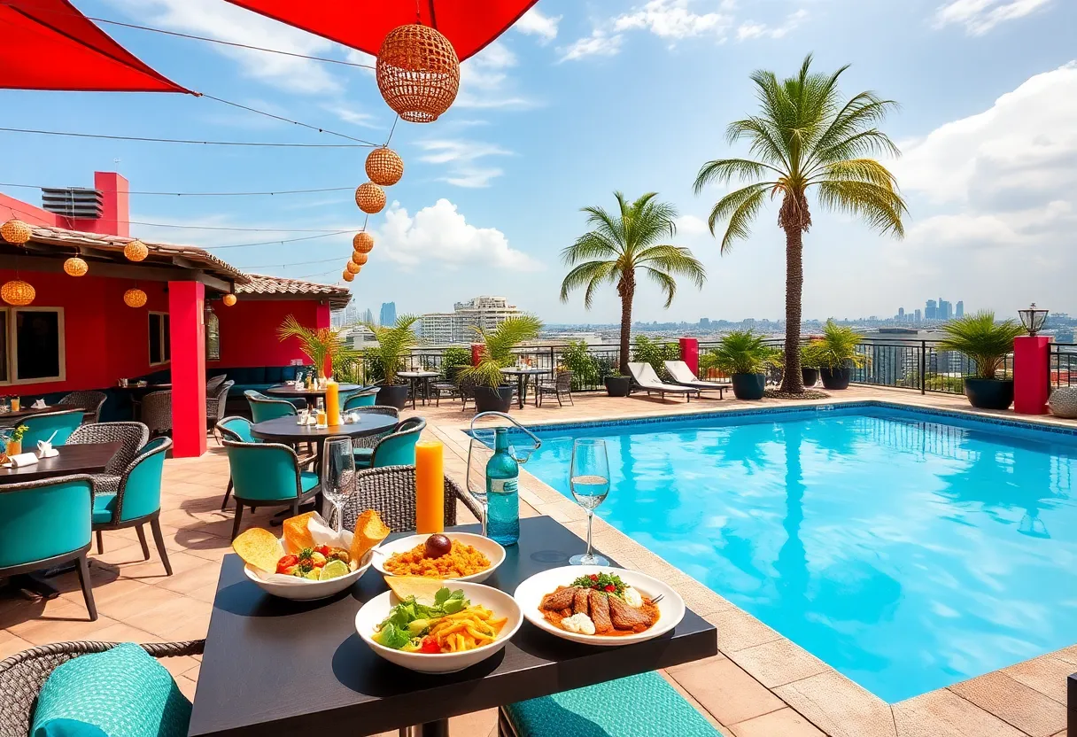 Rooftop dining area of La Ola restaurant with poolside view