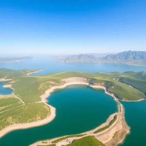Aerial view of Lake Oroville filled to capacity.
