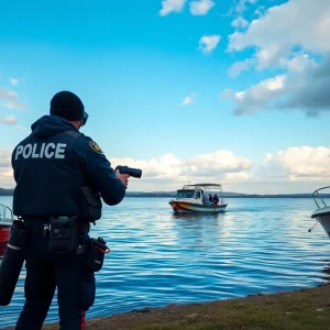 Law enforcement investigates near a lake in a financial crime case.
