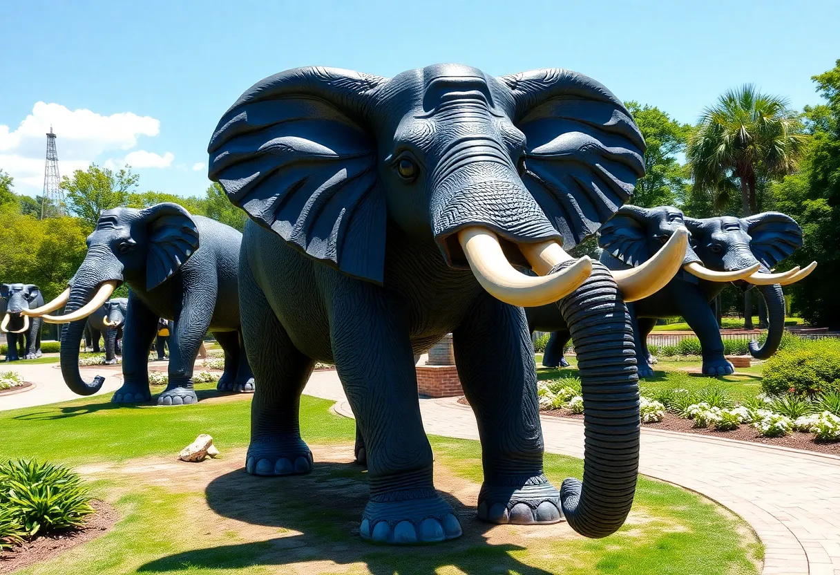 Life-size elephant sculptures at Beverly Gardens Park
