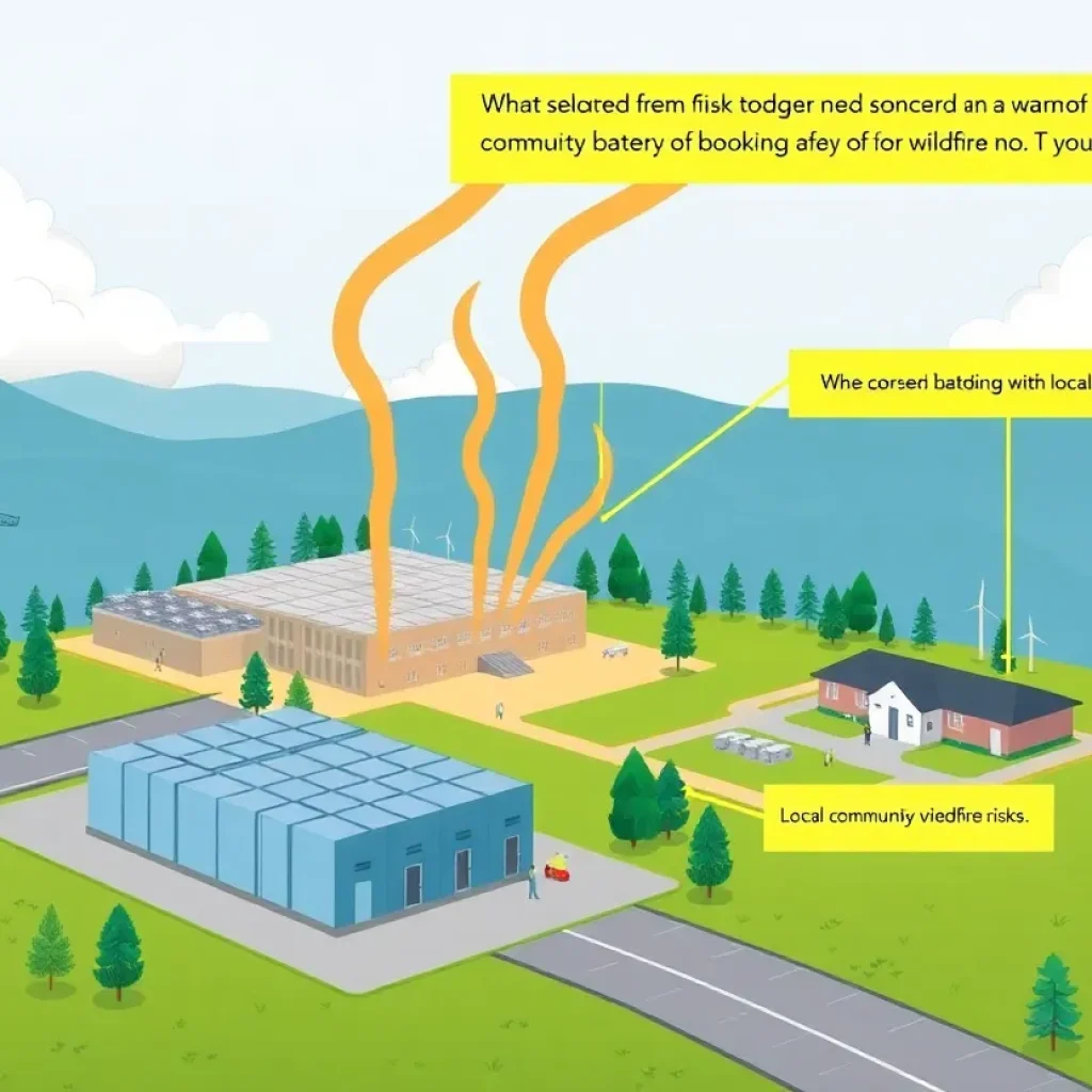 Illustration of lithium battery storage facility with community concerns