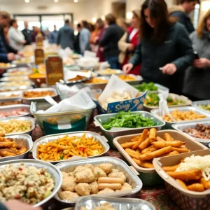 Community potluck in Los Angeles with diverse food dishes.
