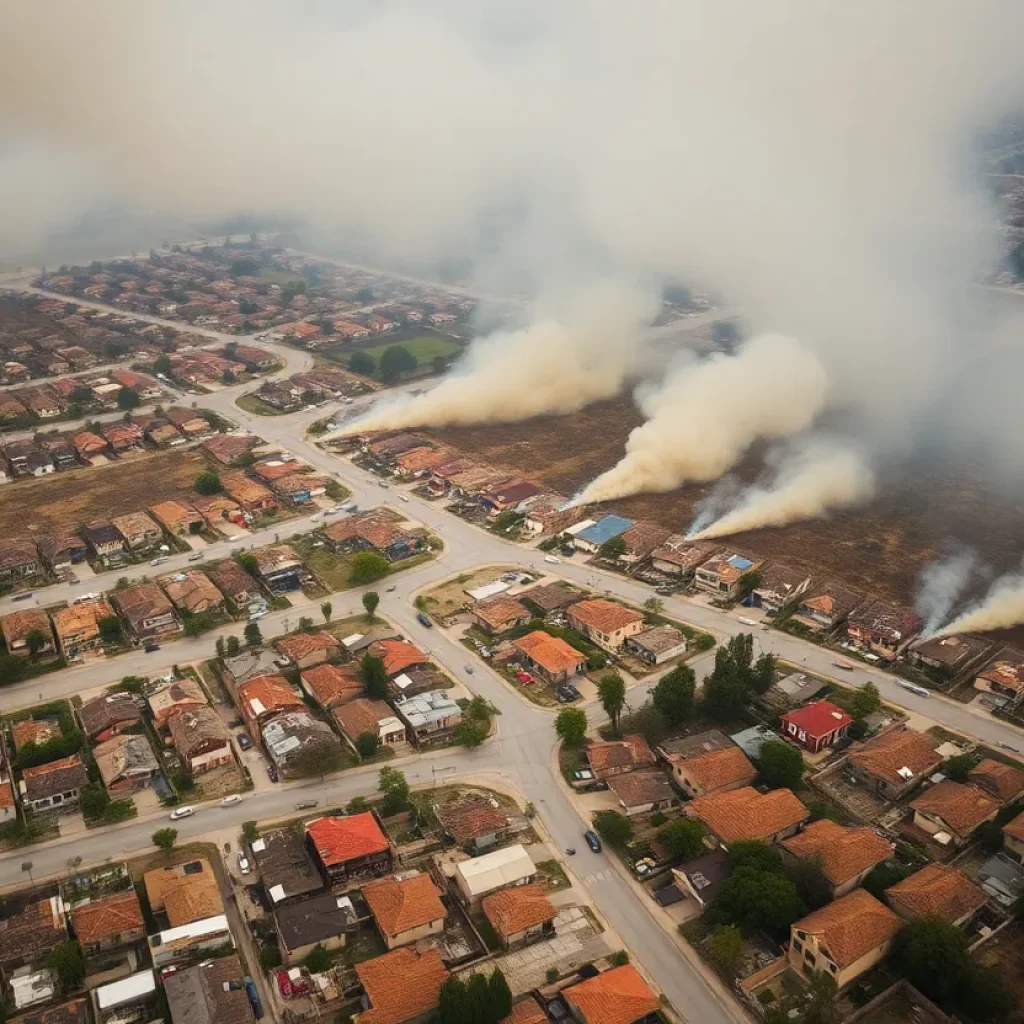 Aerial view showing the devastation of neighborhoods in Los Angeles due to wildfires.