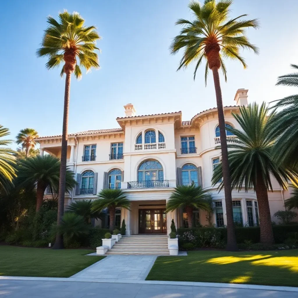 Sprawling Beverly Hills mansion with palm trees and sunny skies