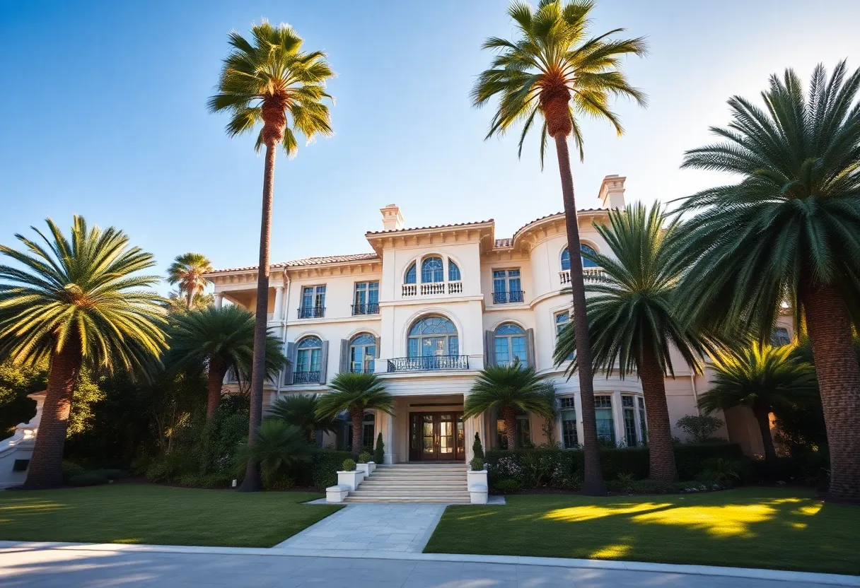 Sprawling Beverly Hills mansion with palm trees and sunny skies