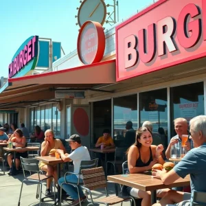 Outdoor seating area of Marathon Burger at Venice Beach Boardwalk with customers enjoying meals.
