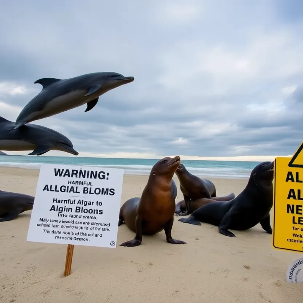 Dolphins and sea lions on the beach with warning signs about algal blooms