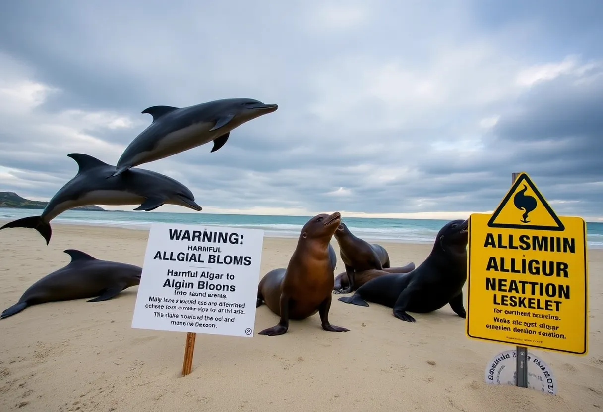 Dolphins and sea lions on the beach with warning signs about algal blooms