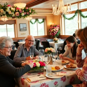A happy family dining together at a Mother's Day brunch table.