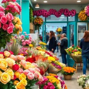 A flower shop bustling with customers buying flowers for Mother's Day.