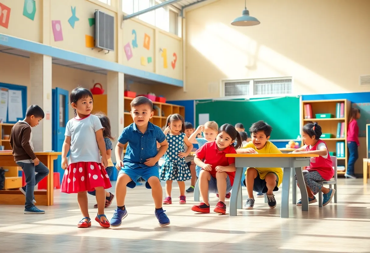 A group of diverse children engaged in learning activities at an elementary school.