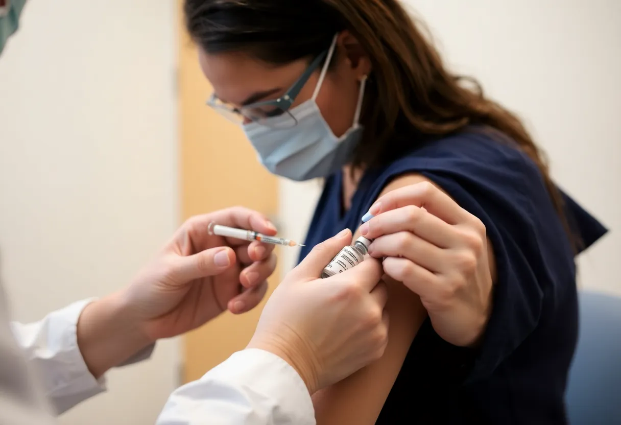 Healthcare professional administering Novavax Covid-19 vaccine to an elderly patient
