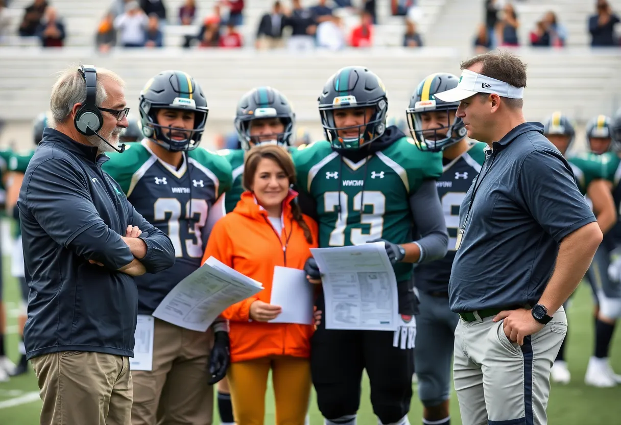 Coaching staff discussing player recruitment strategies for college football.