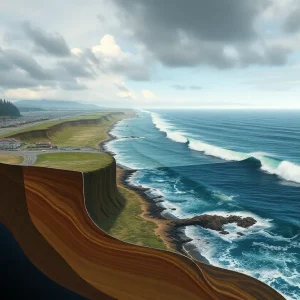 Artistic depiction of Oregon coastline affected by earthquake risks