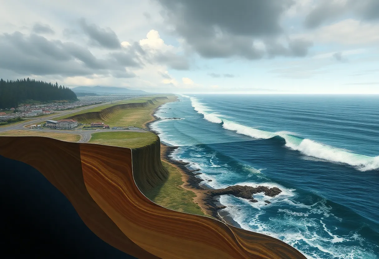 Artistic depiction of Oregon coastline affected by earthquake risks