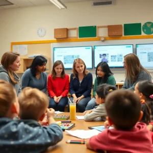 Parents discussing screen time reduction strategies in a school setting