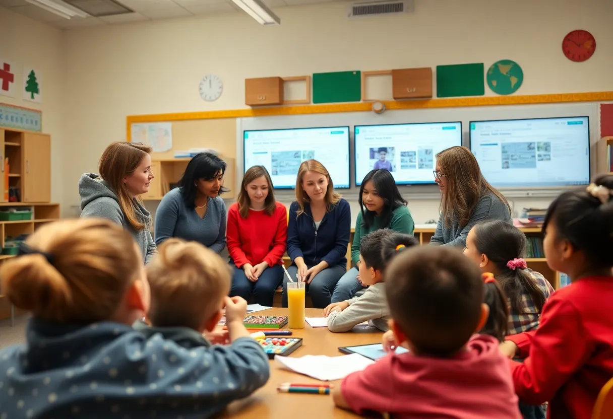 Parents discussing screen time reduction strategies in a school setting