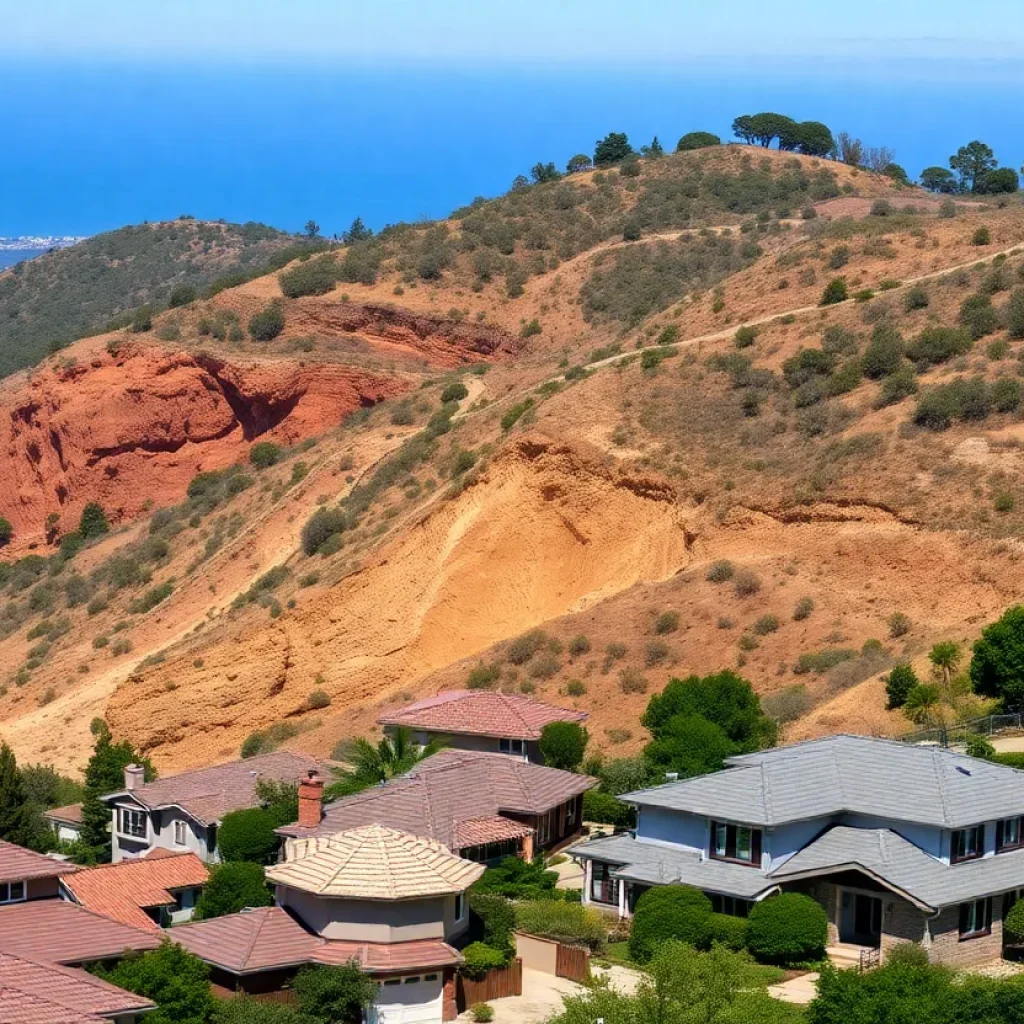 View of homes overlooking a geological landscape in Rancho Palos Verdes, highlighting landslide risks.