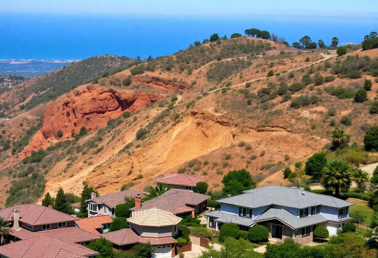 View of homes overlooking a geological landscape in Rancho Palos Verdes, highlighting landslide risks.