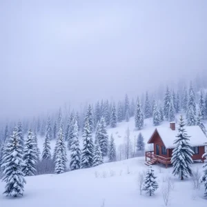 Winter landscape in the Sierra Nevada mountains with a cabin