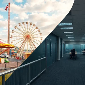 Amusement park rides with empty office buildings in the background.