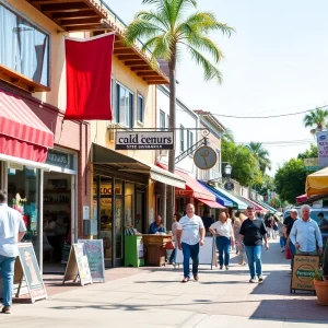 A vibrant small business district in California with customers and storefronts