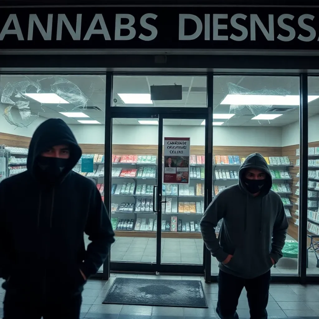 Burglary scene at cannabis dispensary showing broken window