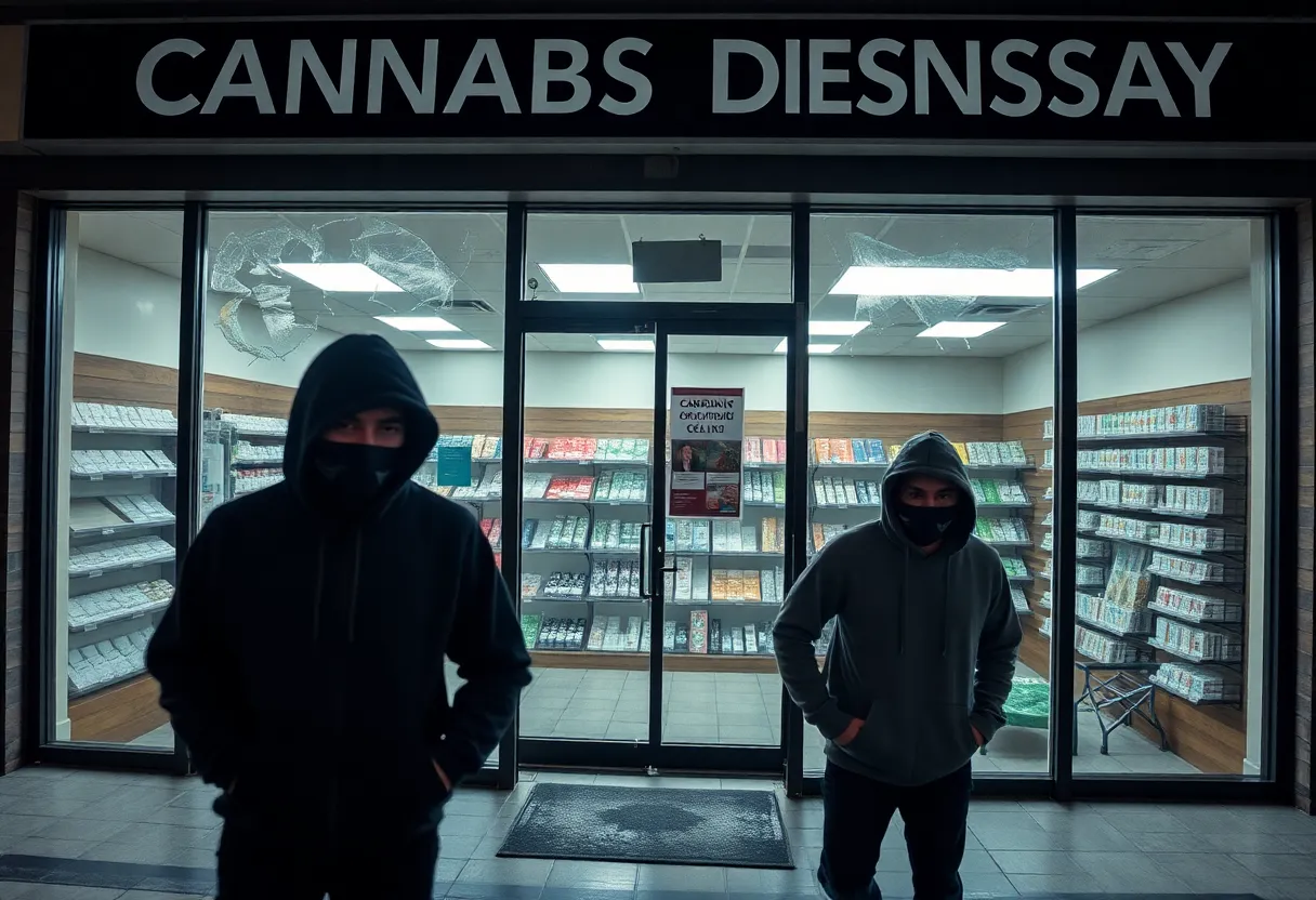 Burglary scene at cannabis dispensary showing broken window