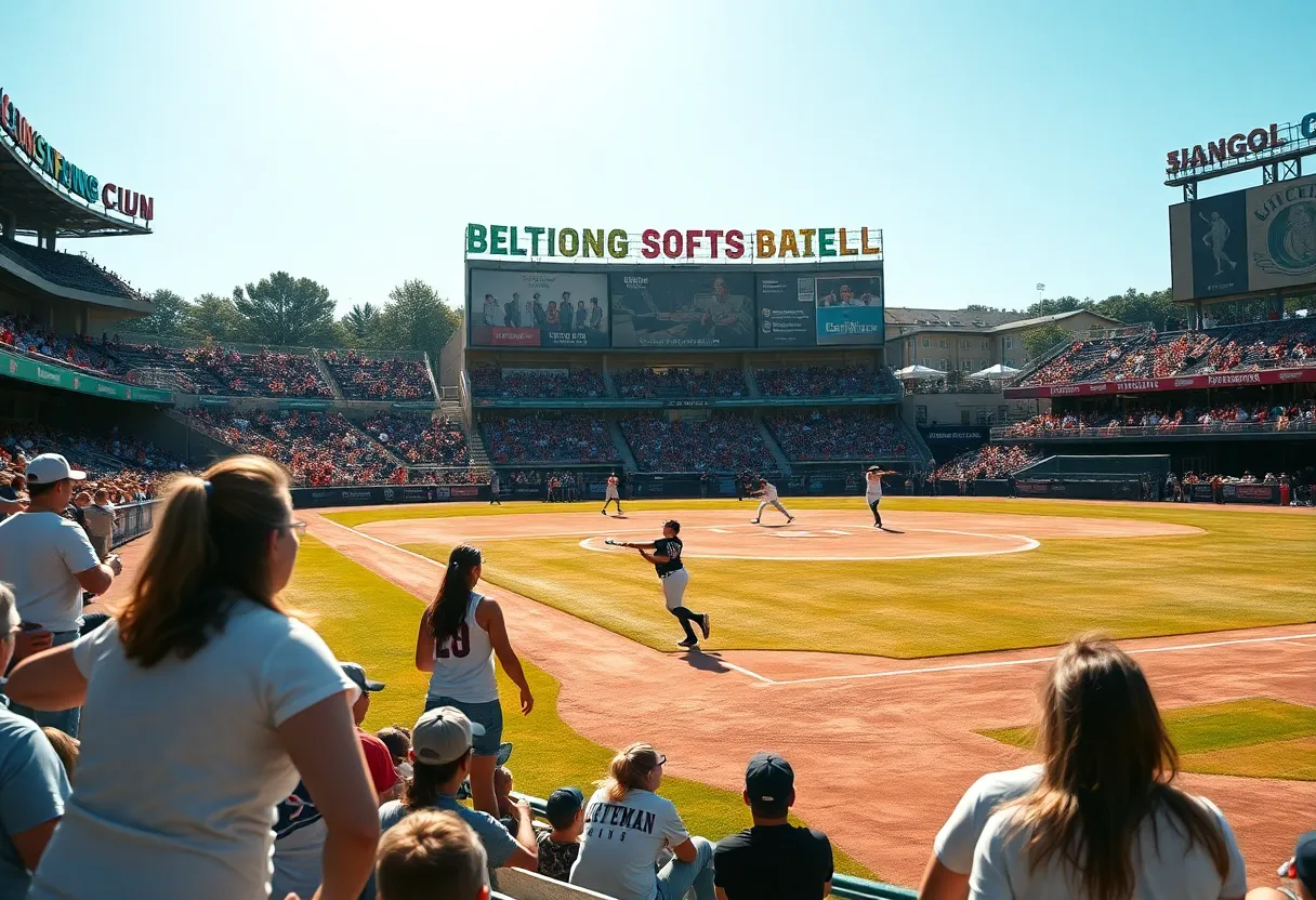 South Carolina softball team playing in a game at Carolina Softball Stadium.