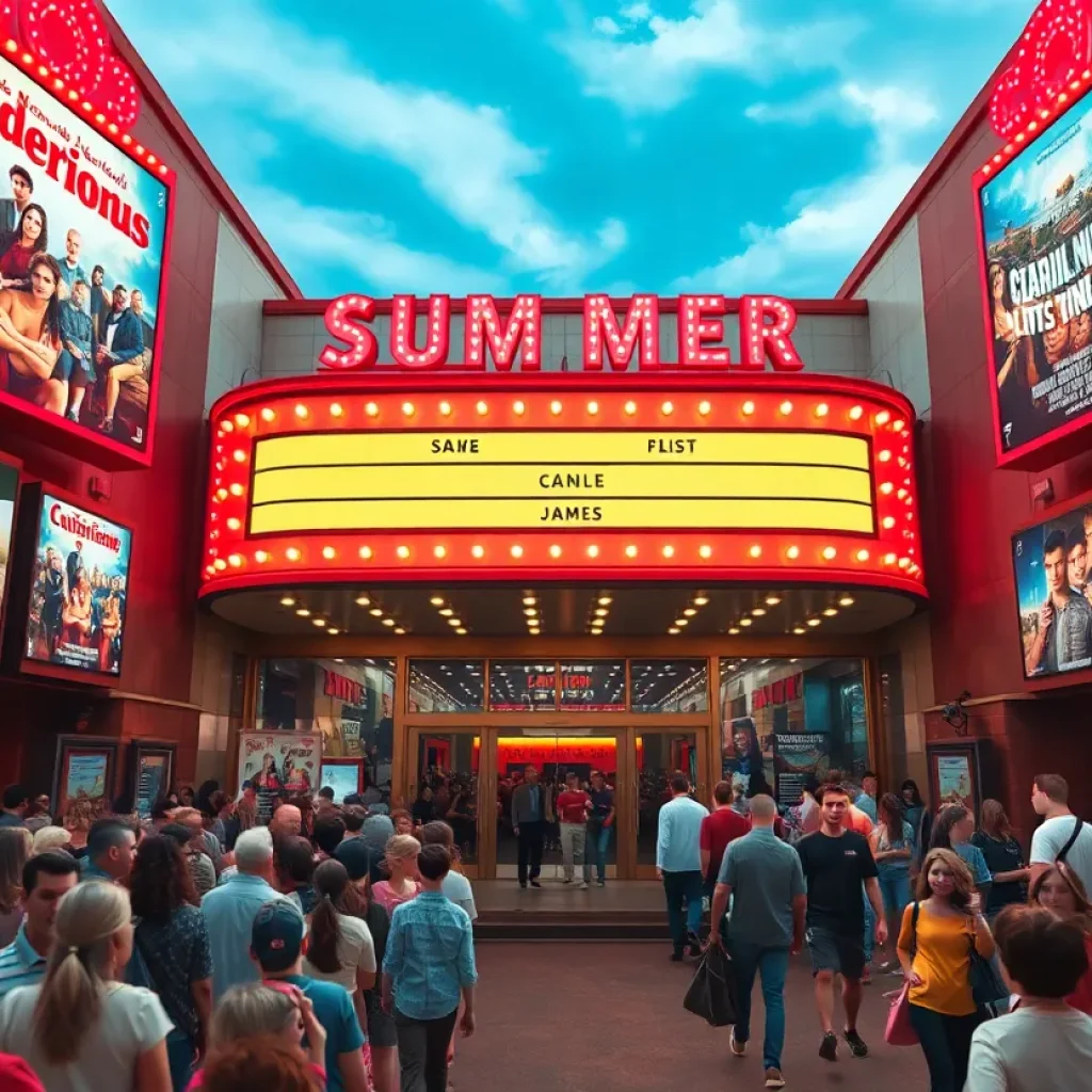 Crowd at a summer movie premiere outside a theater