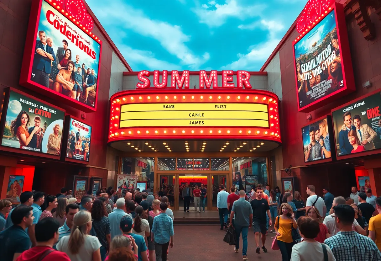 Crowd at a summer movie premiere outside a theater