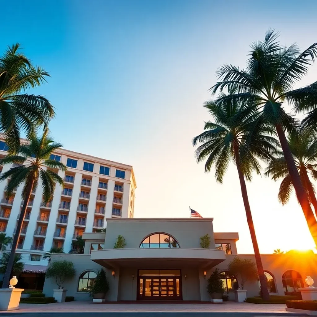 Exterior view of The Maybourne Beverly Hills hotel at sunset