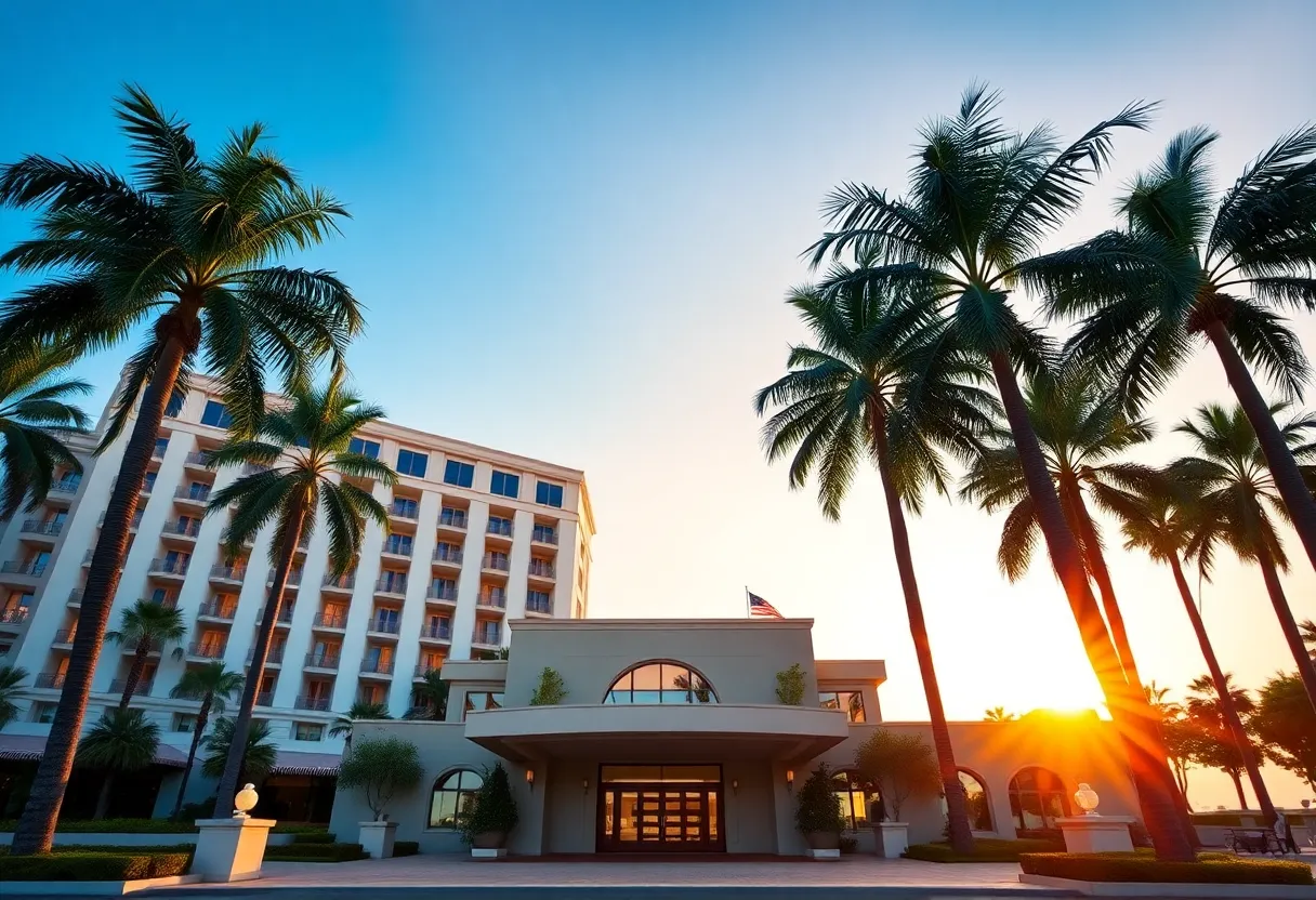Exterior view of The Maybourne Beverly Hills hotel at sunset