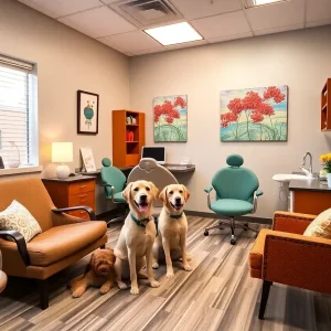 Therapy dogs in a welcoming dental office environment.