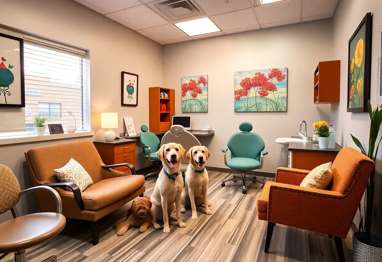 Therapy dogs in a welcoming dental office environment.