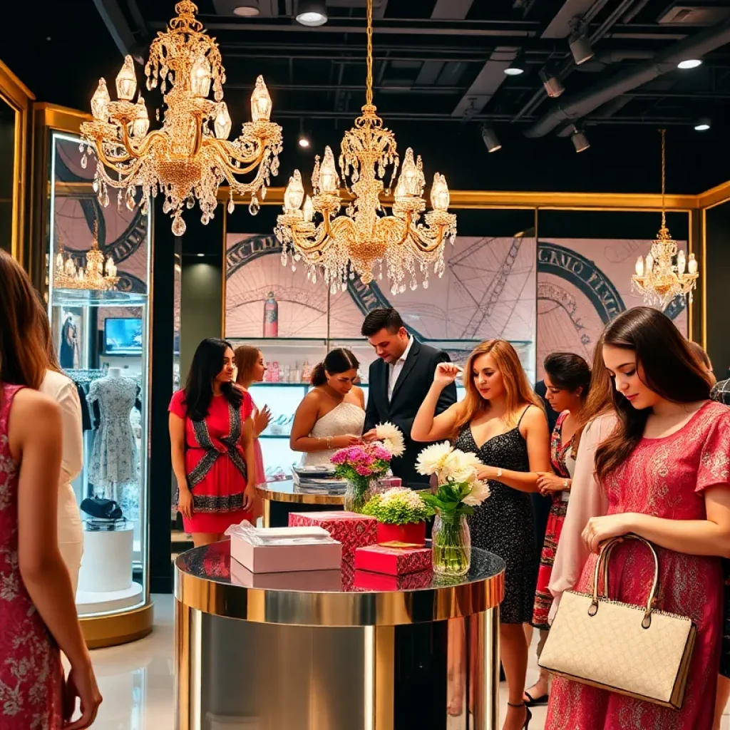 Scene from the Tory Burch flagship store opening with guests enjoying the celebration.