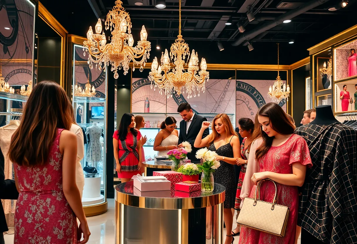 Scene from the Tory Burch flagship store opening with guests enjoying the celebration.
