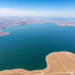 Aerial view of Tulare Lake in California showing water and land interaction.