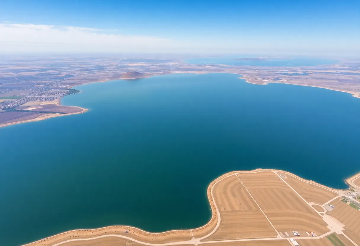 Aerial view of Tulare Lake in California showing water and land interaction.