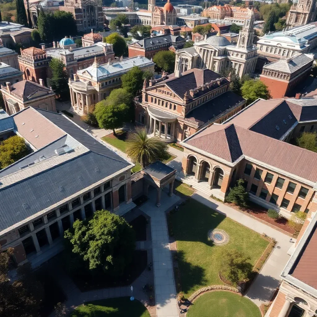Aerial view of the UC Berkeley campus filled with students