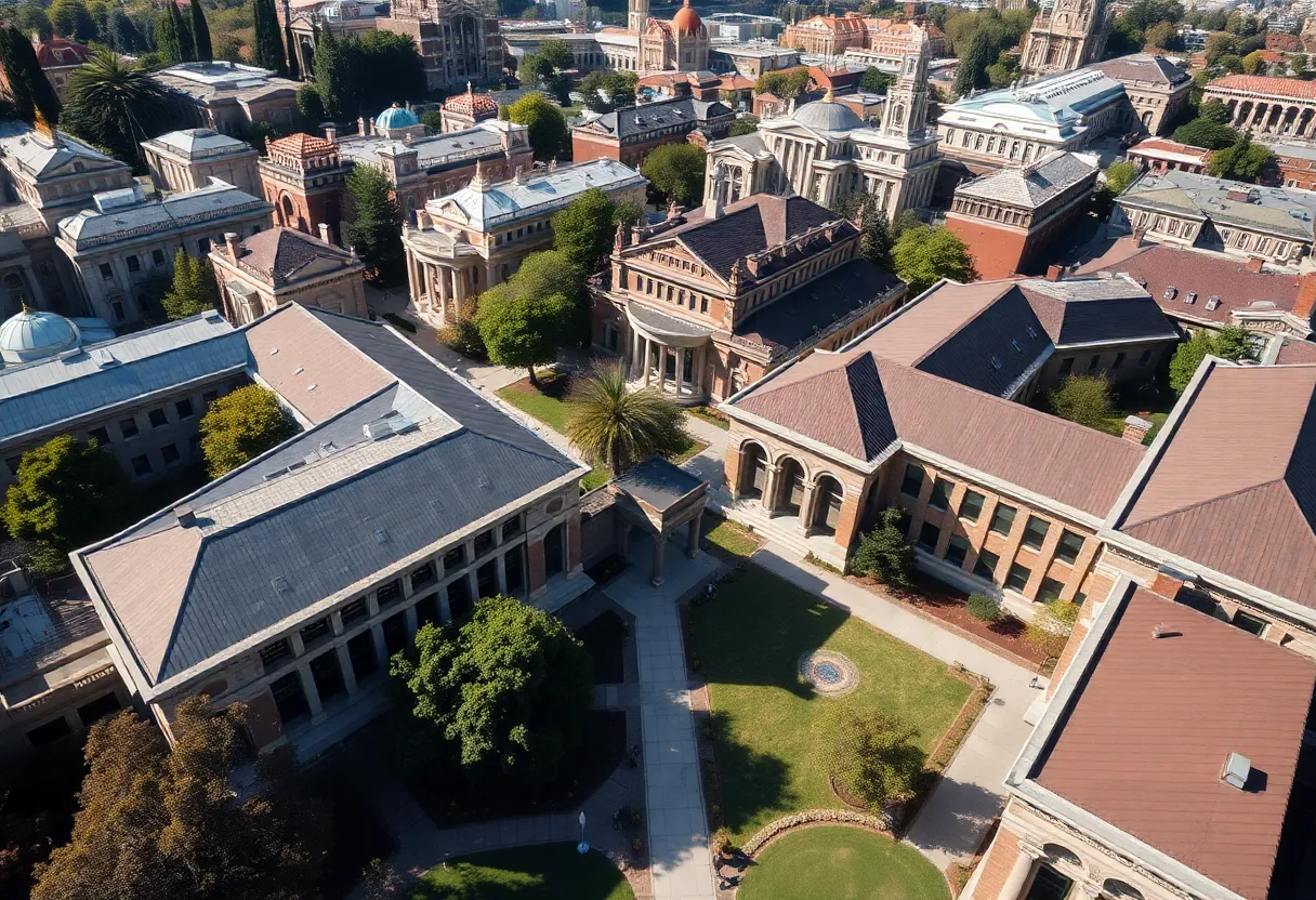 Aerial view of the UC Berkeley campus filled with students