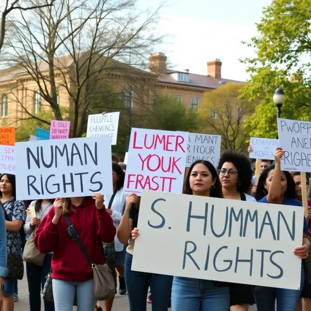 Diverse group of protesters advocating for human rights at UCLA.