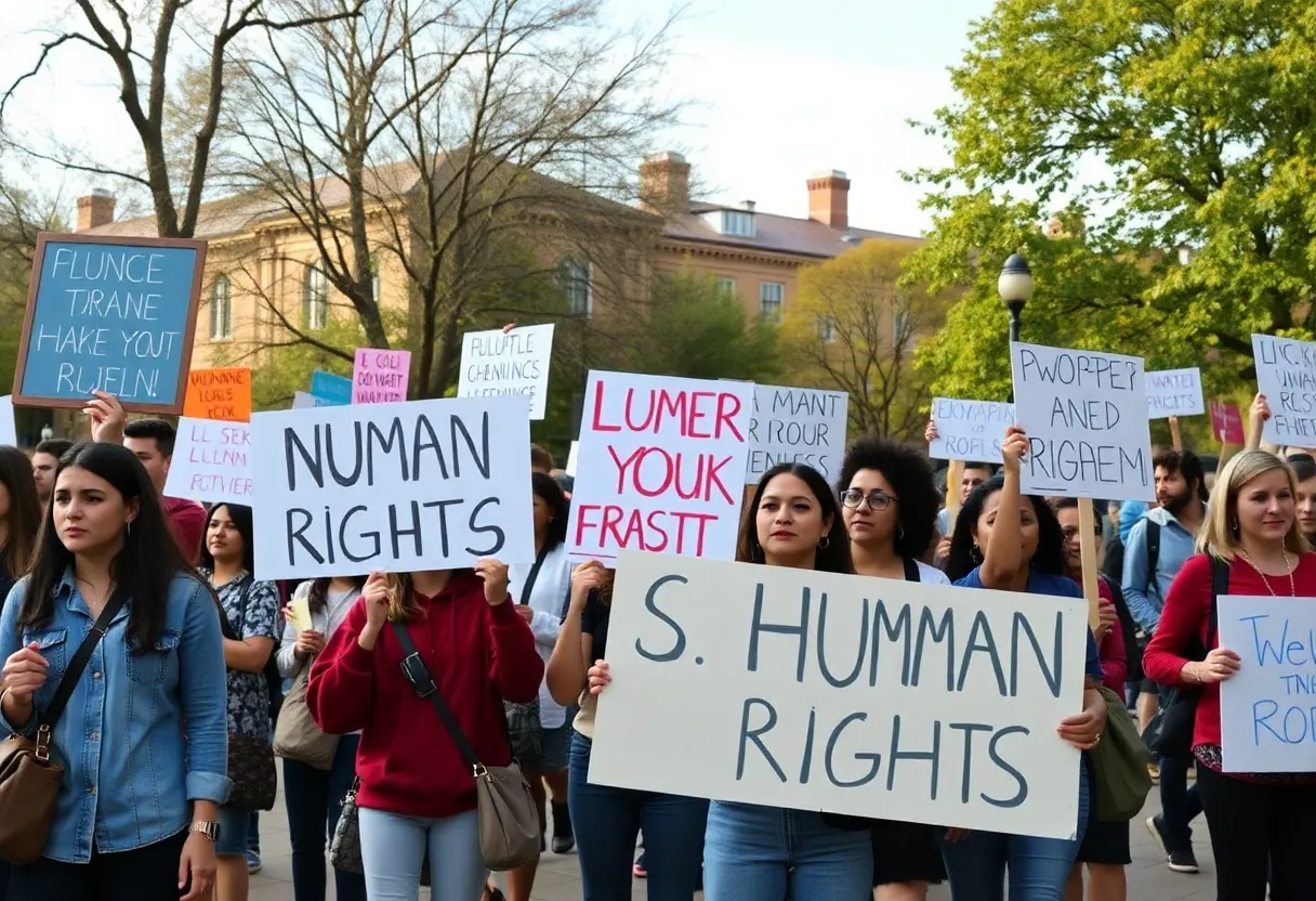 Diverse group of protesters advocating for human rights at UCLA.
