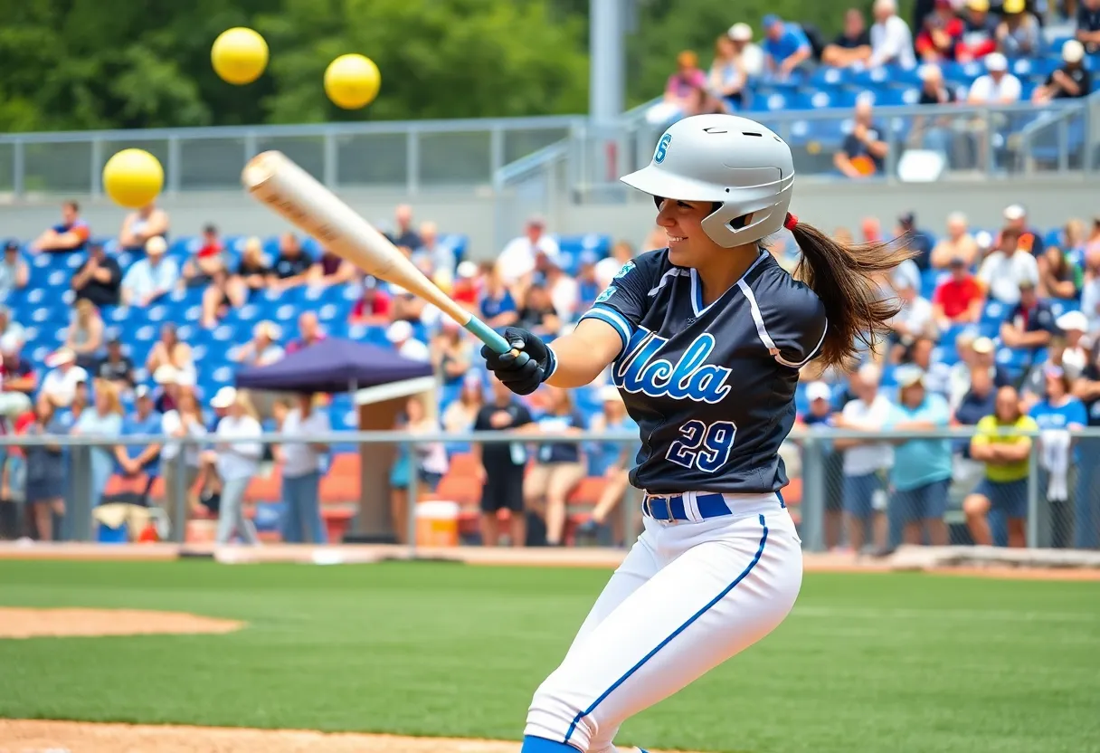 UCLA softball team celebrating a victory at the Women's College World Series
