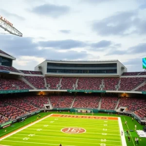 A vibrant college stadium filled with excited fans and modern amenities during a game.