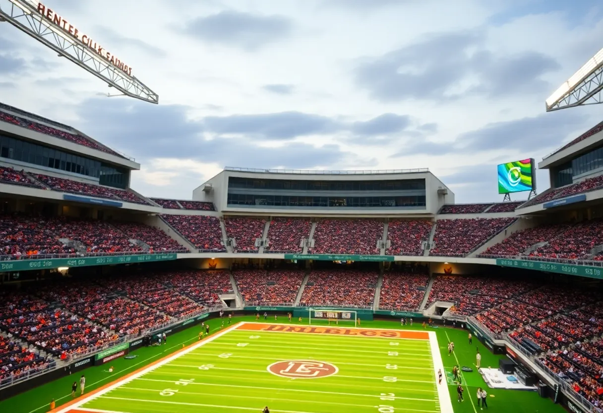 A vibrant college stadium filled with excited fans and modern amenities during a game.