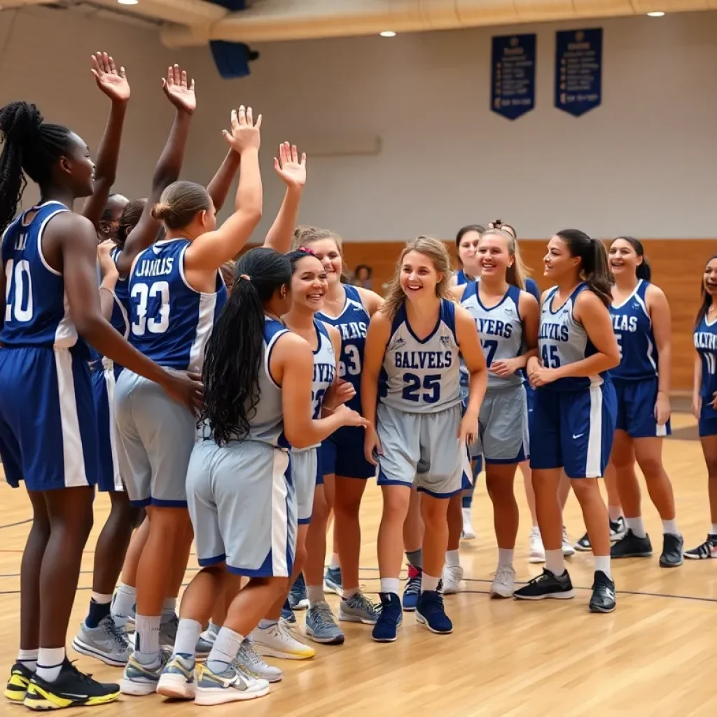 UCLA women's basketball team celebrating on the court