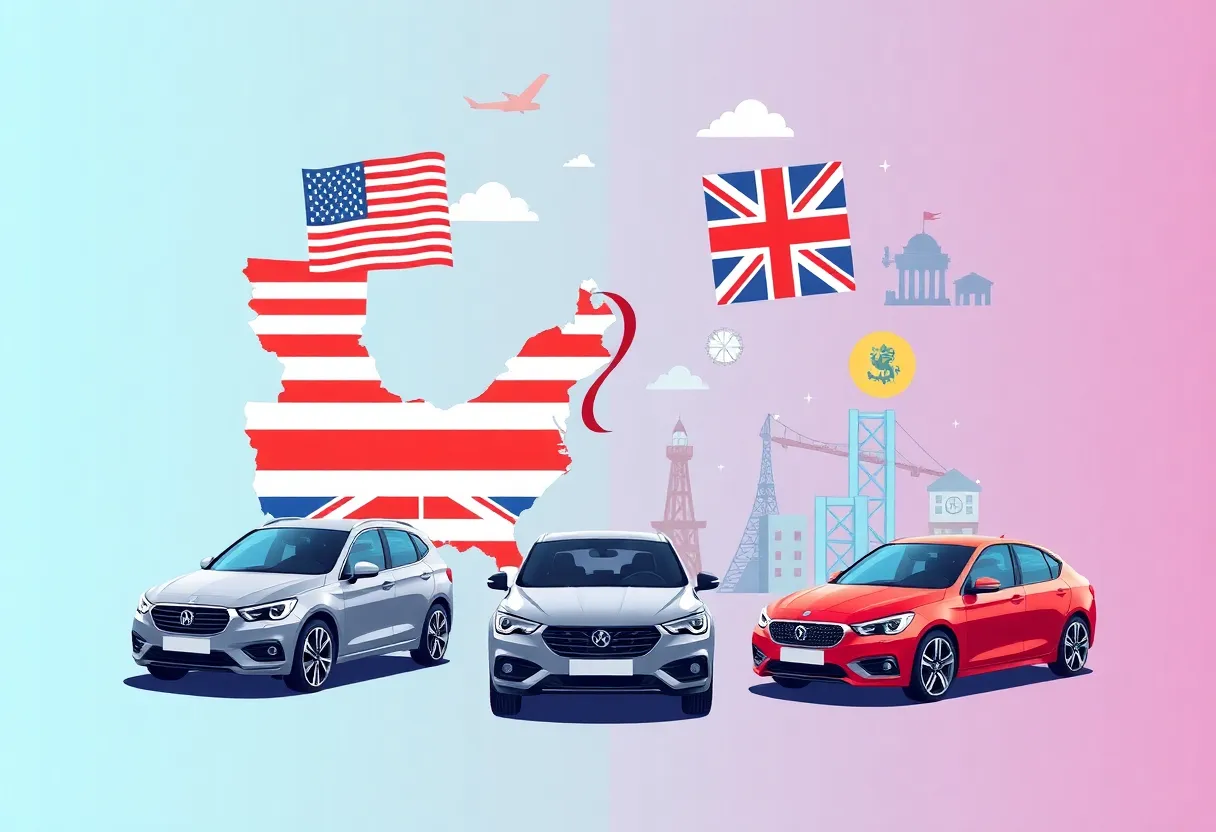 Illustration representing U.S. and UK trade agreement with economic symbols.