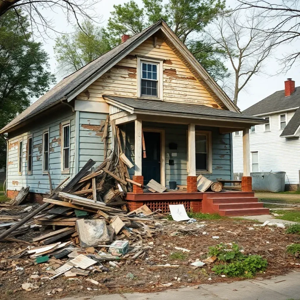 Deteriorating home in Westwood with debris and overgrown trees.